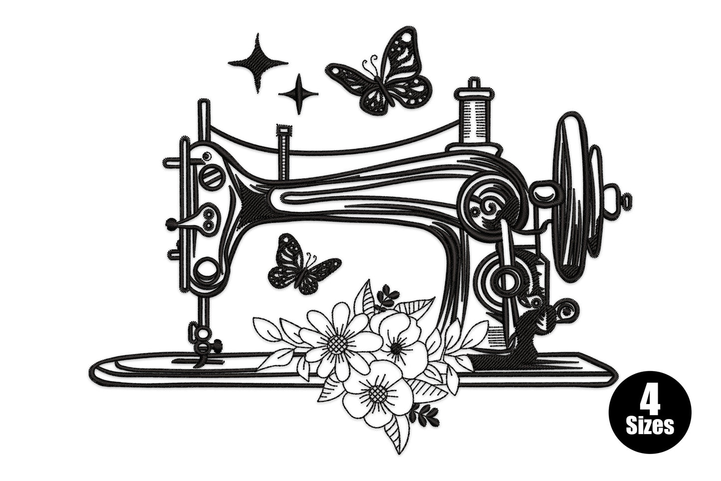 Vintage sewing machine embroidery in black line art with two butterflies, a wildflower bouquet at the base and a sparkle motif.