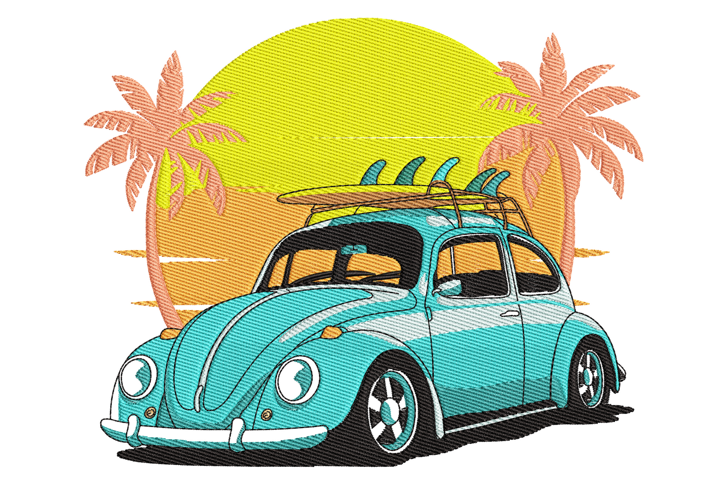 Vintage surf car embroidery design, retro woody wagon with surfboards on roof rack, cream body with teal and coral accents.