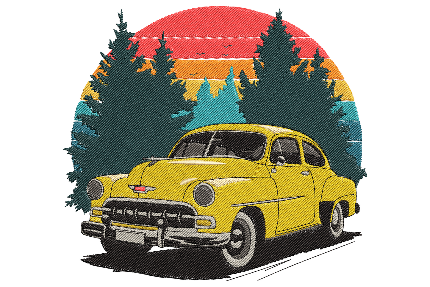 Vintage yellow station wagon embroidery driving through pine forest with peach and rust sunset sky and navy mountains.