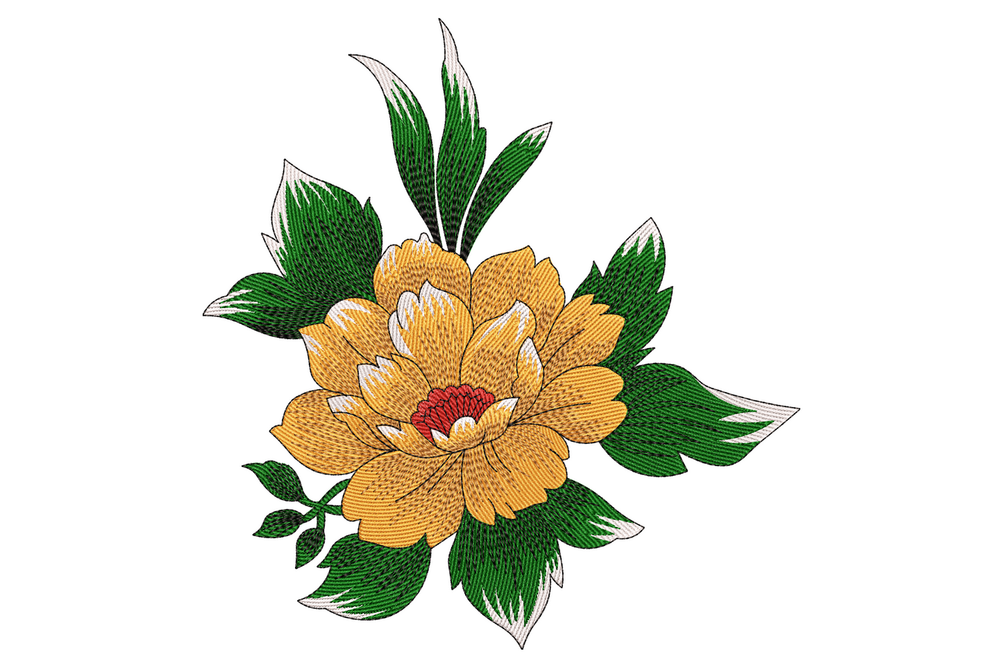 Vintage yellow peony embroidery design with full layered petals, smaller bud, sage green leaves and soft brown stems.