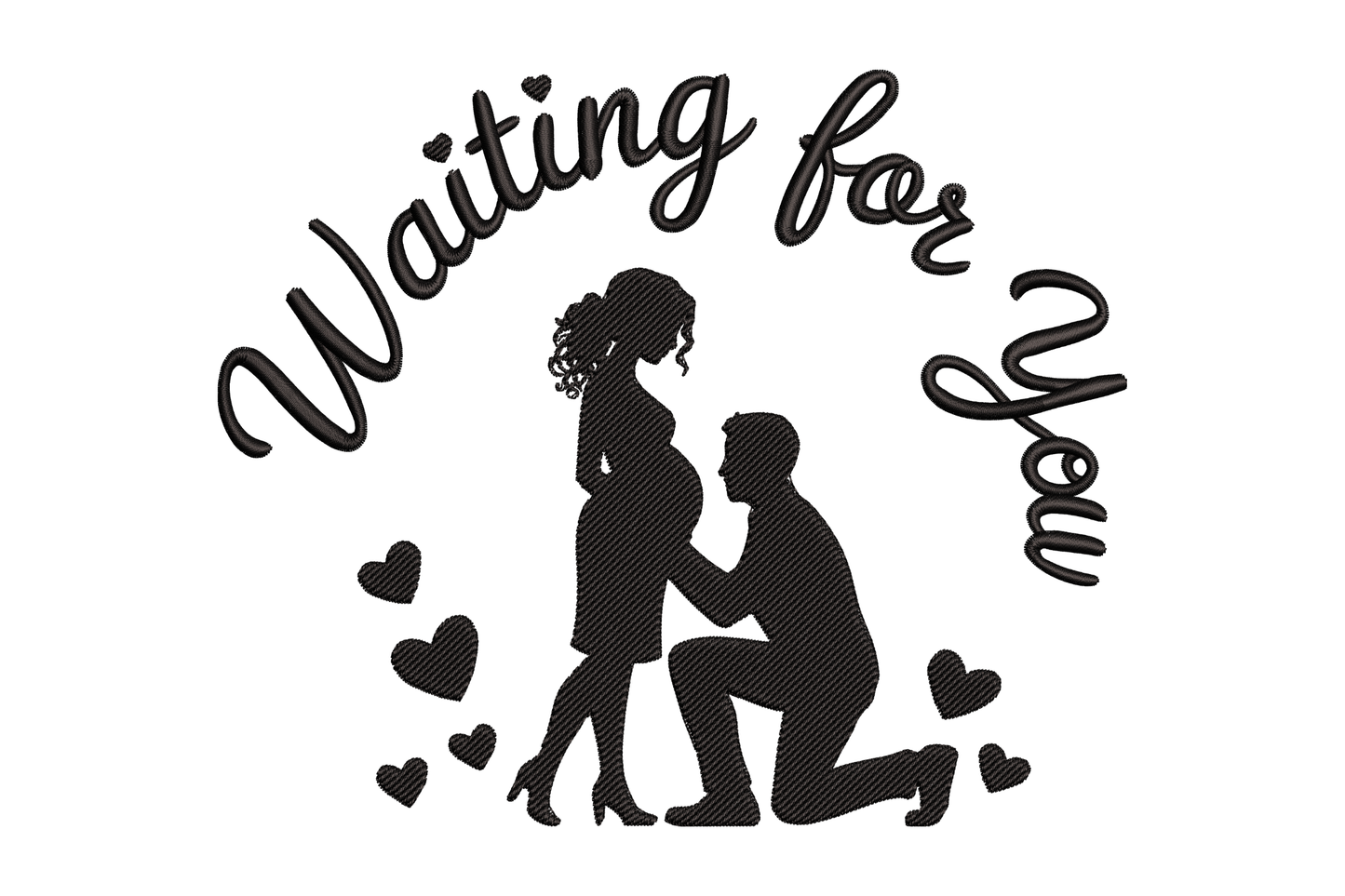 Silhouette of a man proposing to a woman with 'Waiting for You' text, surrounded by hearts embroidery design