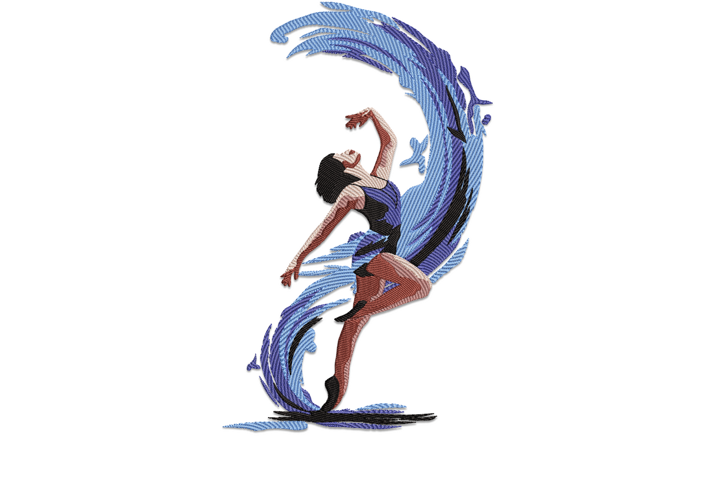 Water dance embroidery design showing a leaping female dancer with a curving blue wave behind her, 5 sizes.