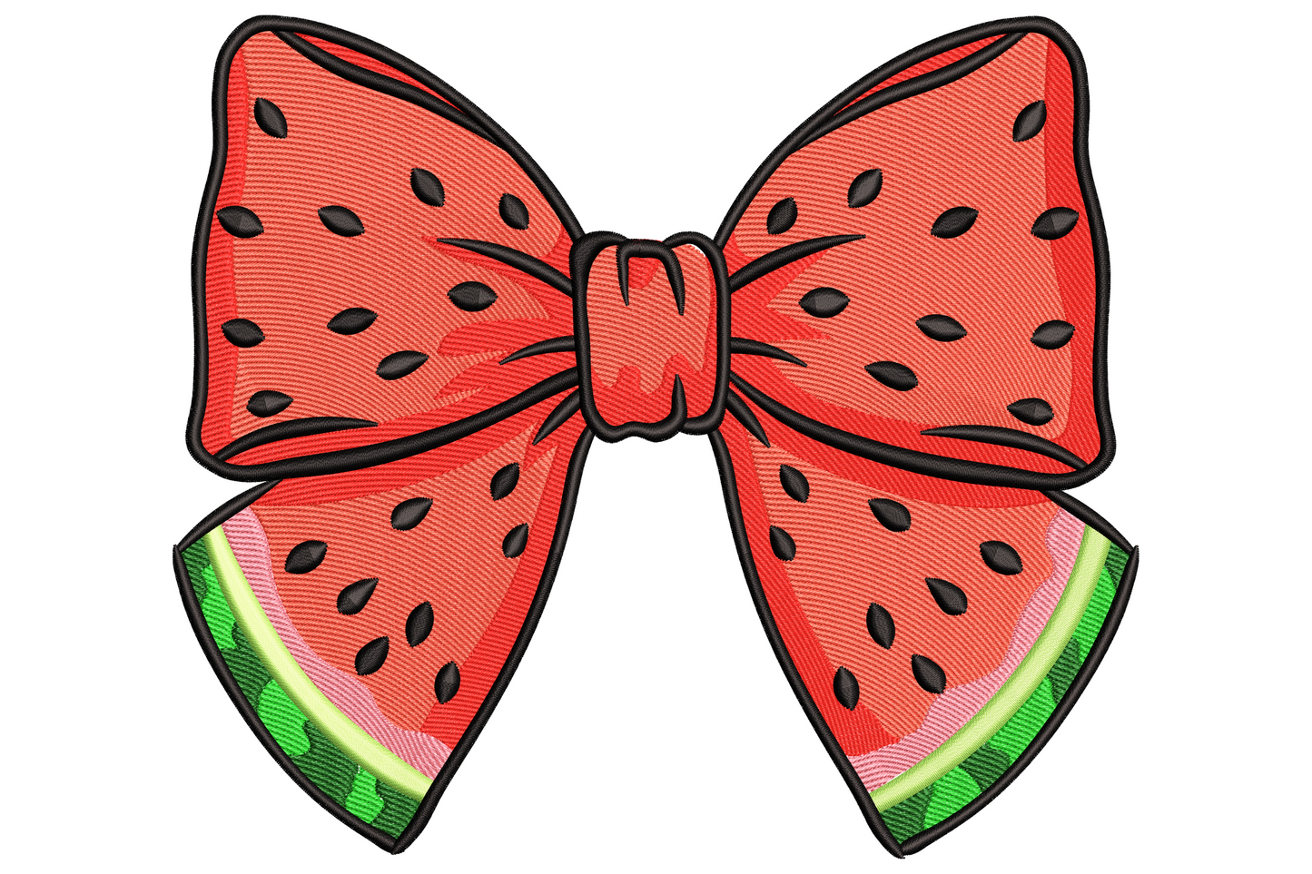 Watermelon bow embroidery with coral pink melon slice, lime green rind, scattered seeds, and a tall fluffy sage green bow tied above with trailing tails.