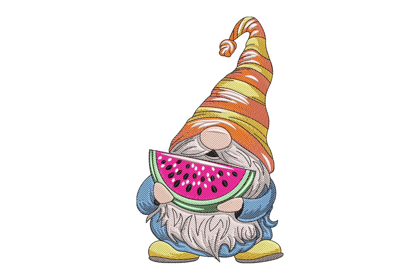 Watermelon gnome embroidery with tall orange and yellow striped hat, fluffy beard and pink watermelon slice with black seeds.