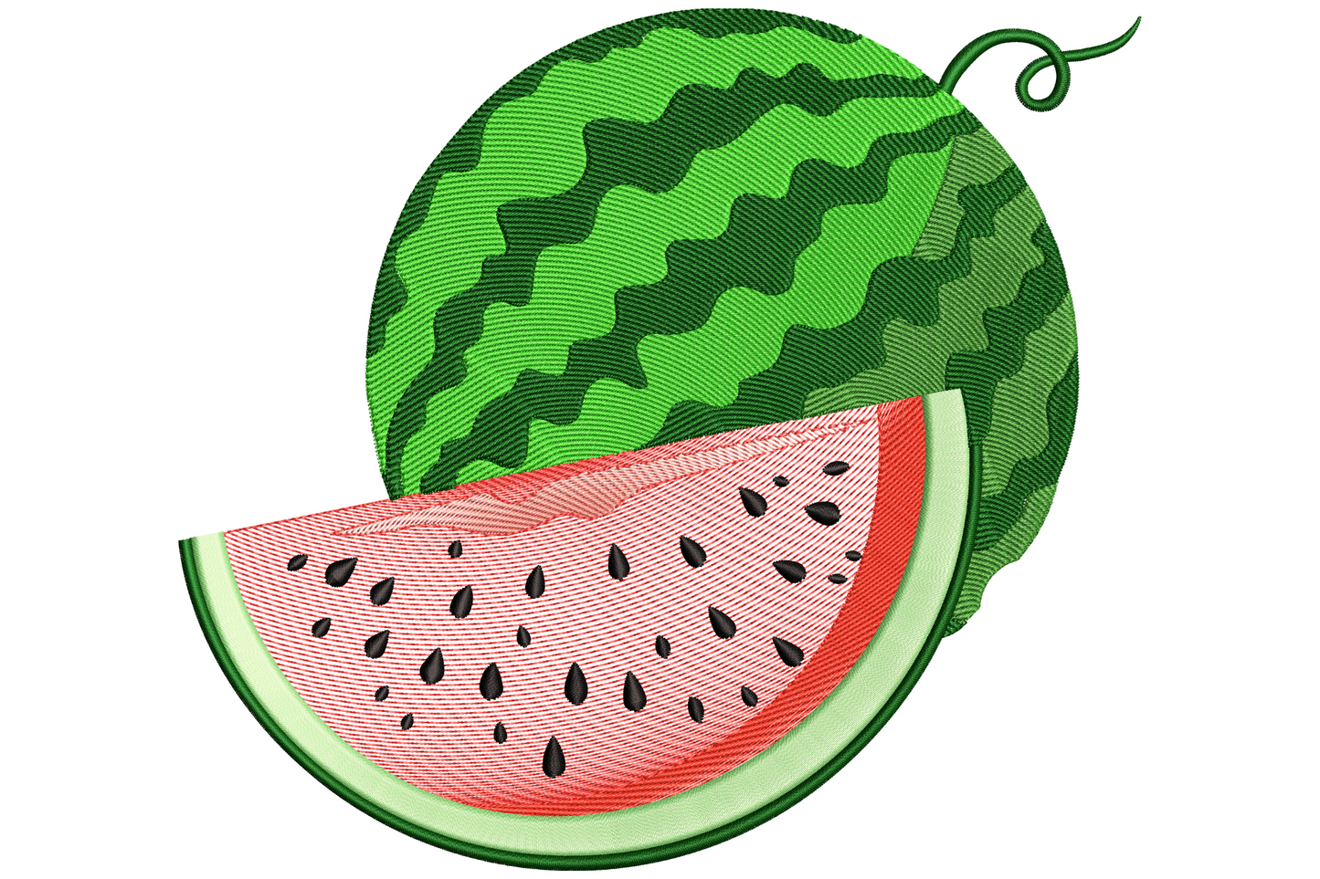 Machine embroidery design of a bold watermelon slice with red flesh, black seeds, and green rind, shown on white background