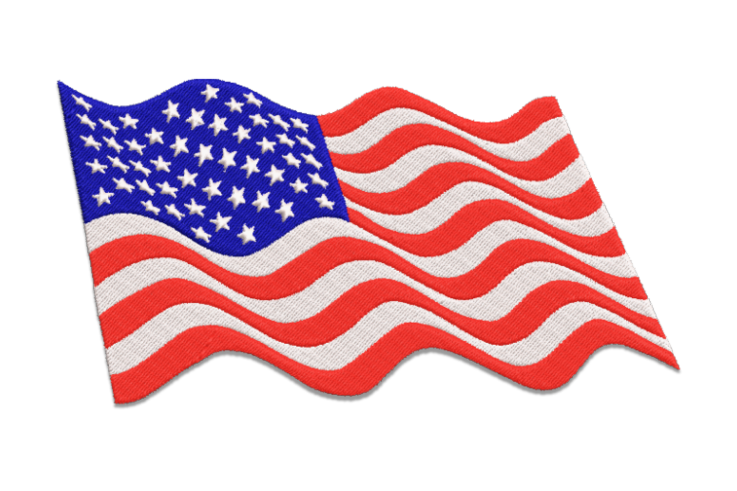 Waving American flag embroidery design, flag mid-billow with curved red and white stripes and navy canton, 3 colours for shirts hats and patriotic apparel