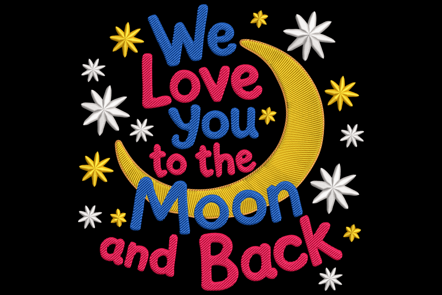 We Love You to the Moon and Back nursery embroidery in pink and blue stacked caps with yellow crescent moon and star-bursts.
