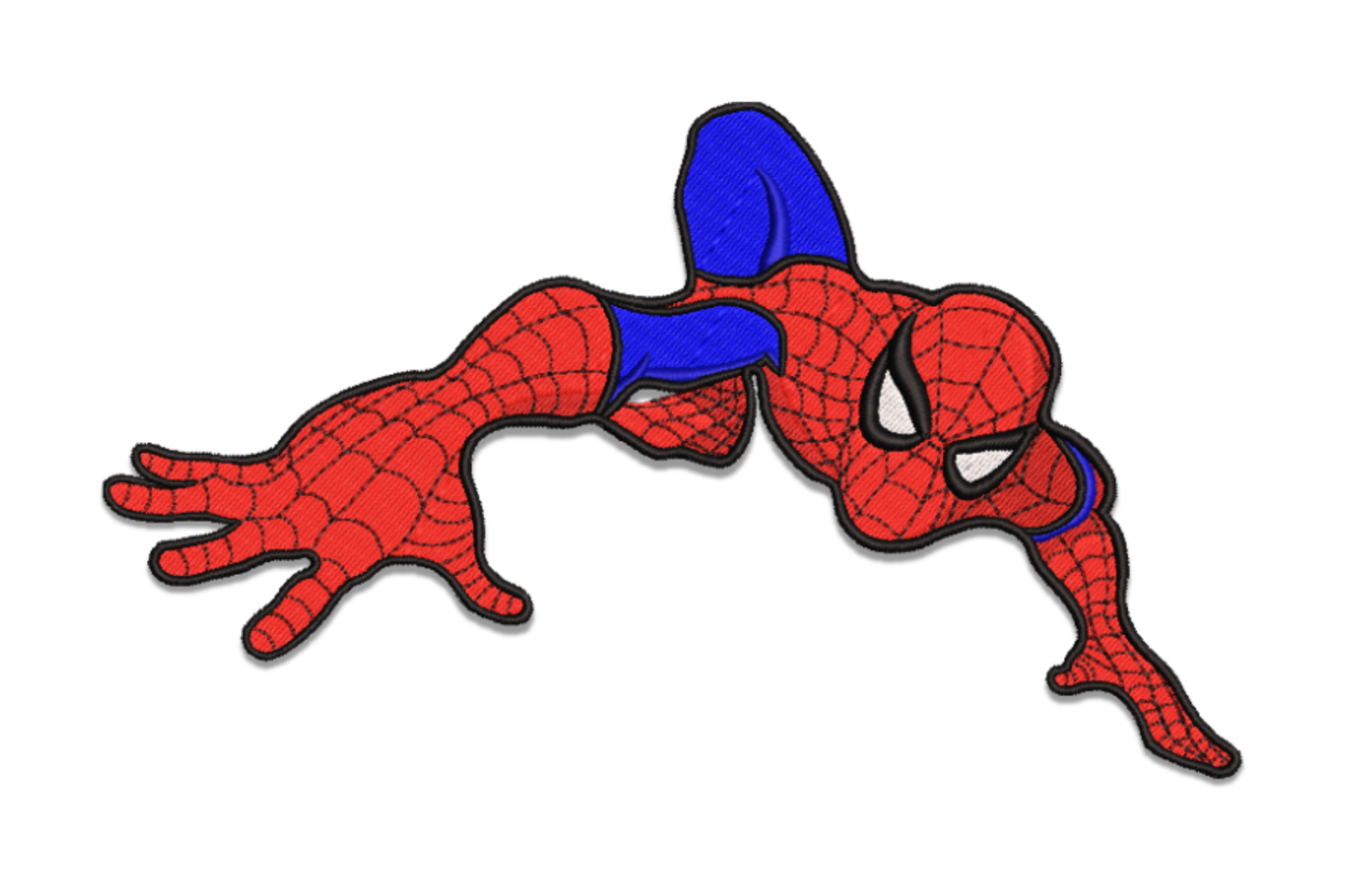 Spider-Man crouching pose embroidery design, comic book style with 6 colours, web-line suit detail and oversized mask eyes on white background