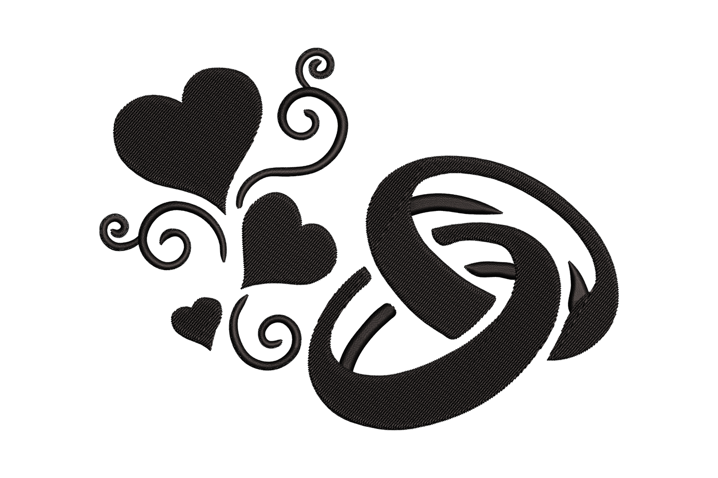 Wedding rings with hearts embroidery design, two interlocked bands in outline style with a small heart centred between them.