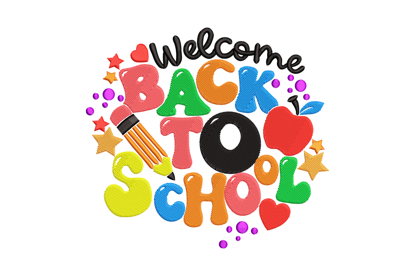 Welcome Back to School embroidery design with colorful bubble letters pencil red apple and scattered stars in nine colours.