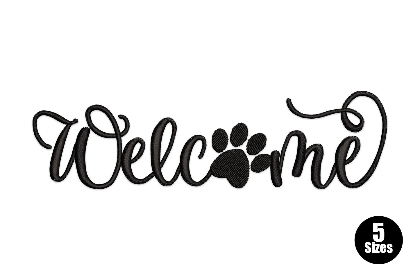 Welcome paw print embroidery design, flowing script with paw replacing letter O, single black thread, pet home decor