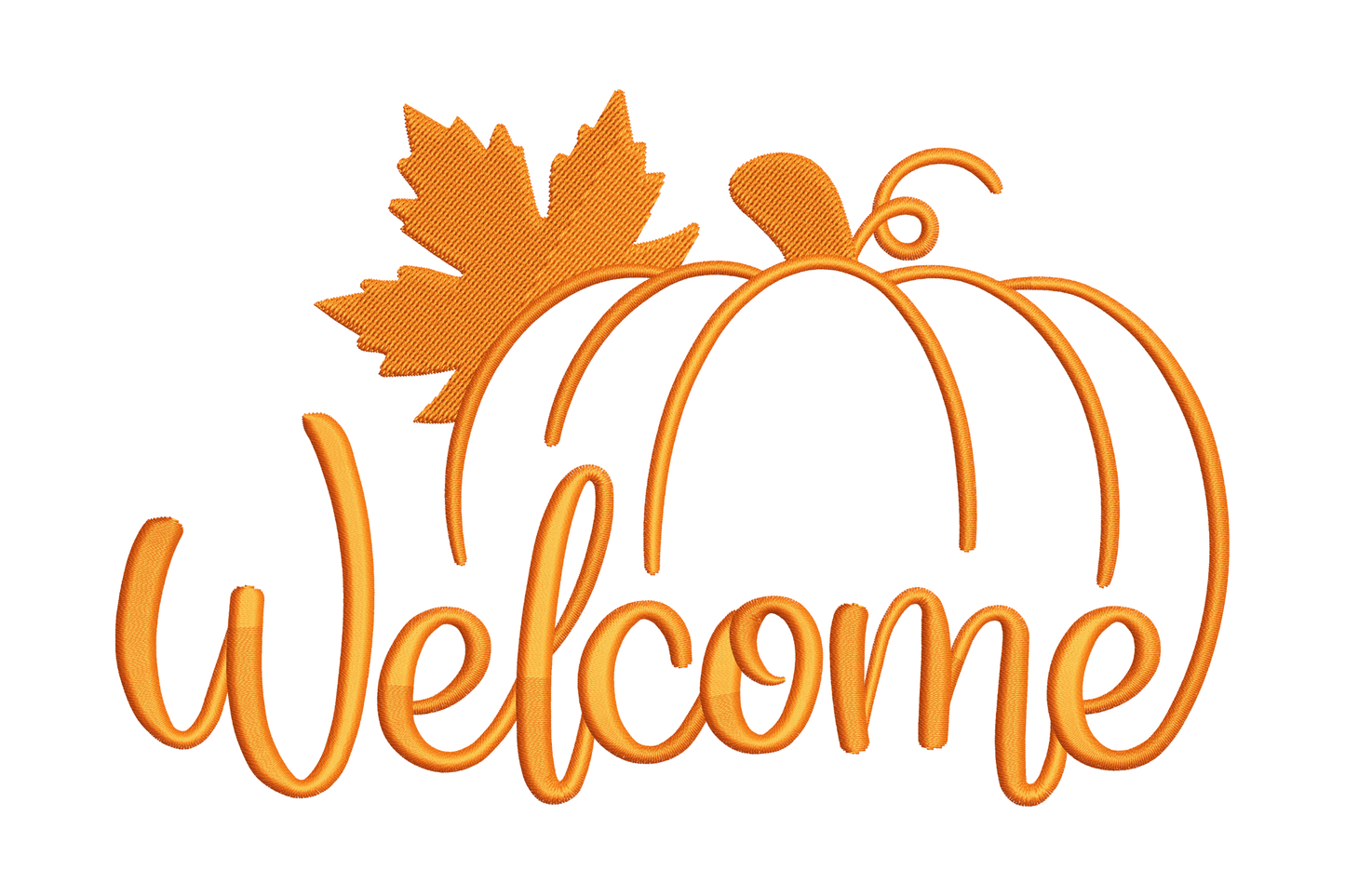 Welcome pumpkin embroidery design, outline pumpkin, filled maple leaf, curly vine and cursive welcome script in orange
