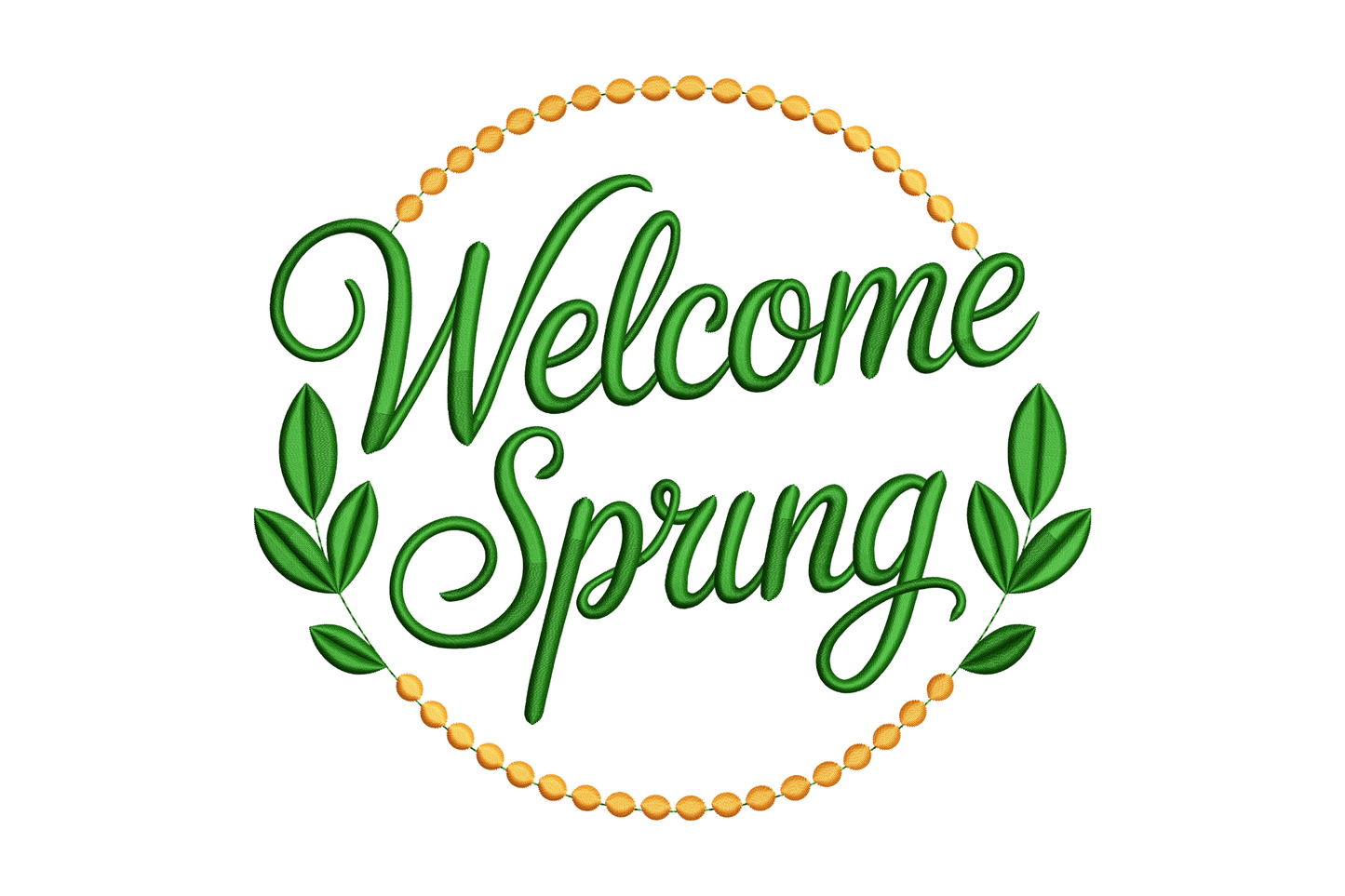 Text 'Welcome Spring' with green leaves and a yellow border on a white background