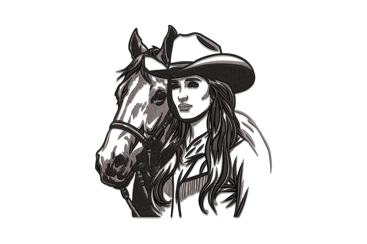 Western cowgirl with horse embroidery design, two-tone grey and black portrait-style sketch on natural canvas fabric.