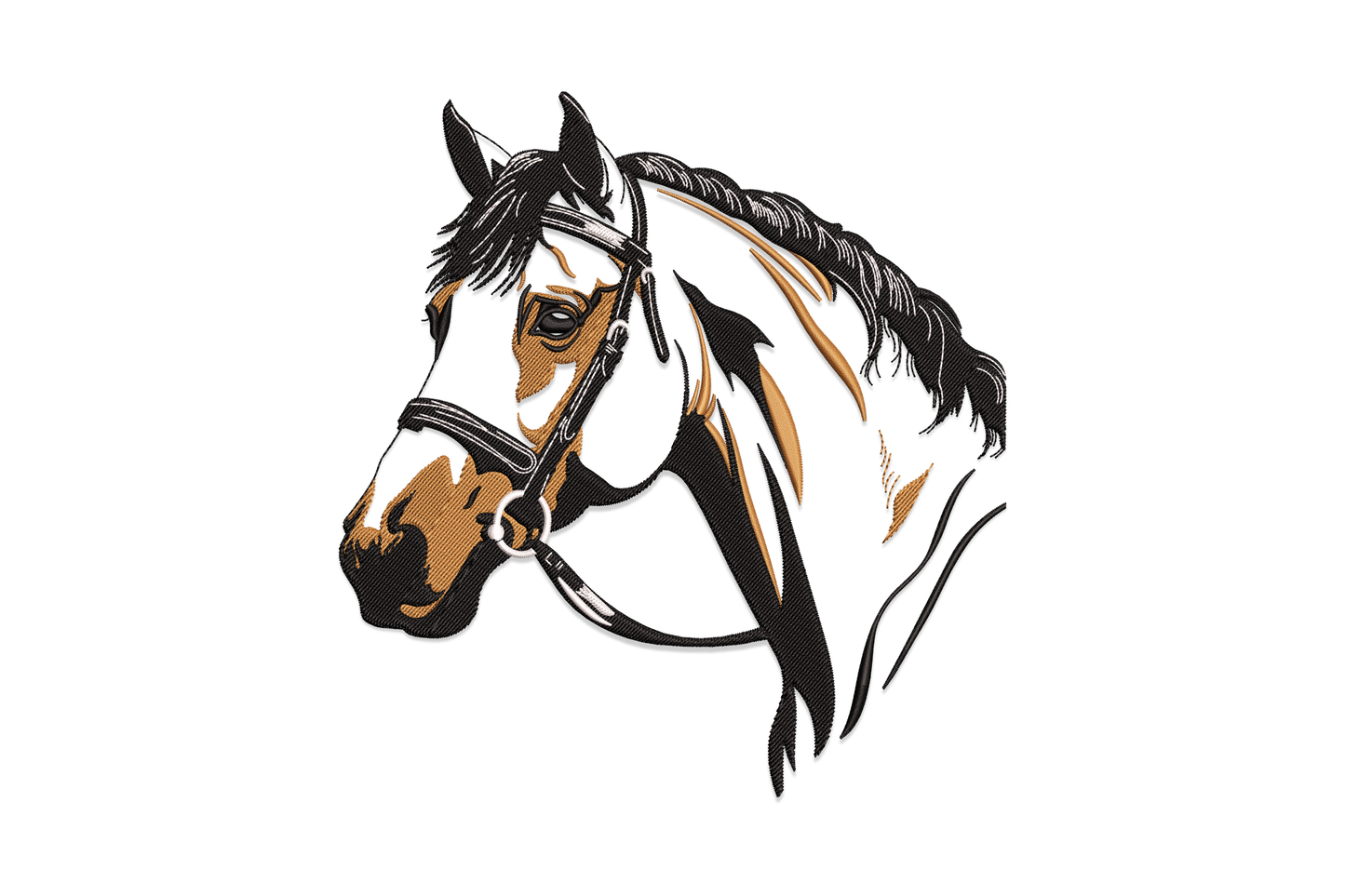 Western horse portrait embroidery design with etching-style crosshatch lines, warm brown face, black mane, and white bridle highlights.