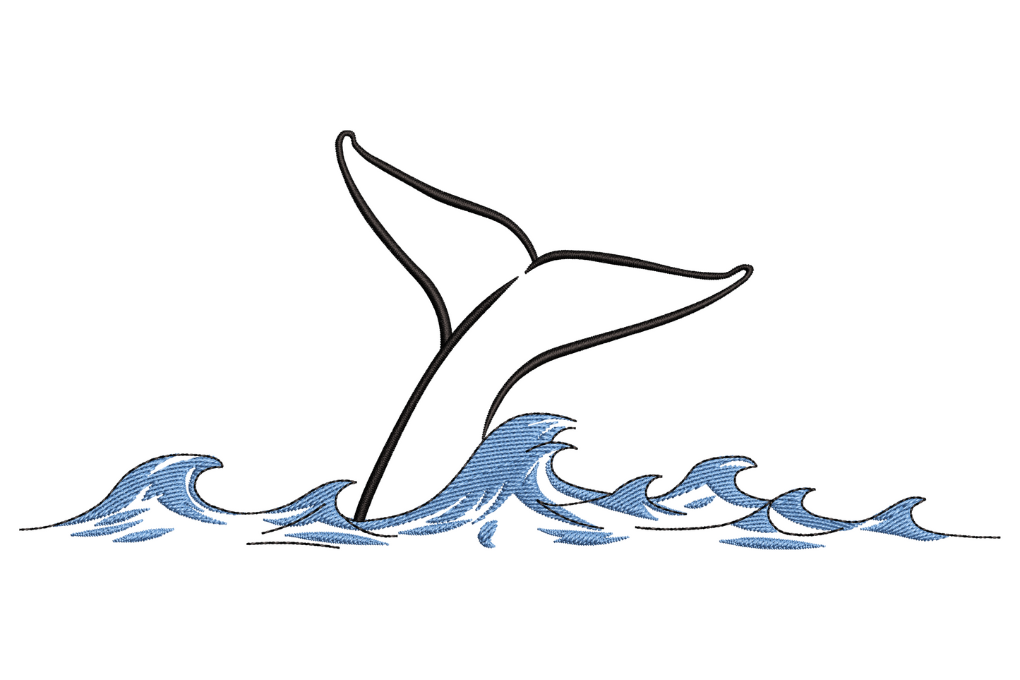 Machine embroidery whale tail breaching ocean waves on navy fabric, slate grey flukes with sky blue water and cream spray dots