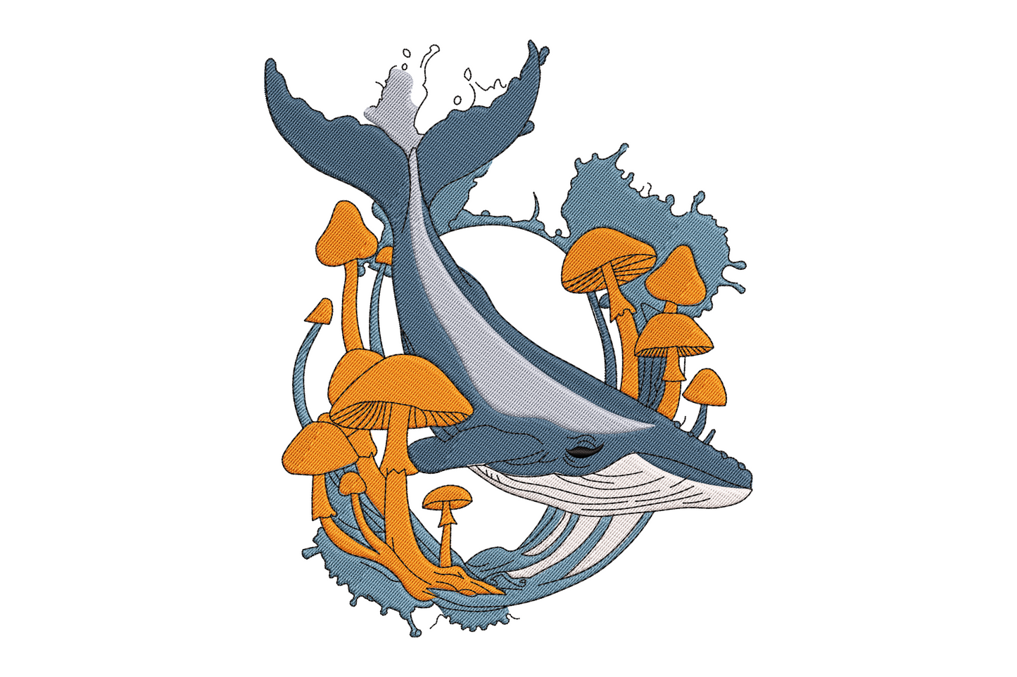 Embroidery design of a blue-grey humpback whale covered in bold orange mushrooms with a dark ocean splash base, 6 colors