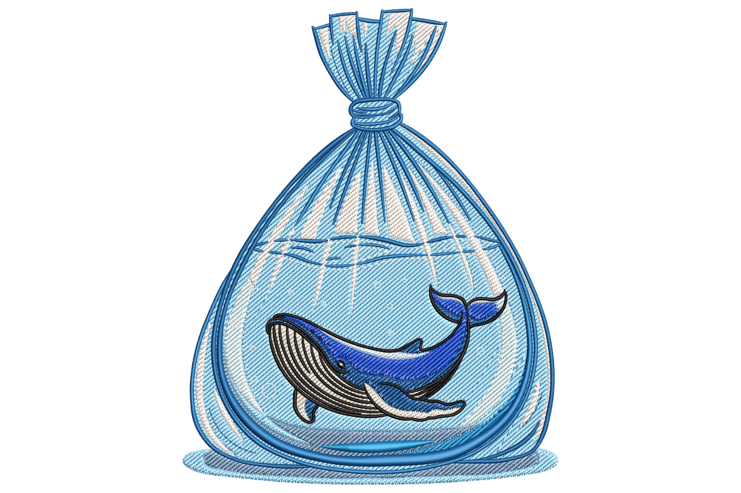 Whale in a bag embroidery design, small navy blue whale swimming inside a knotted plastic bag of sky blue water.