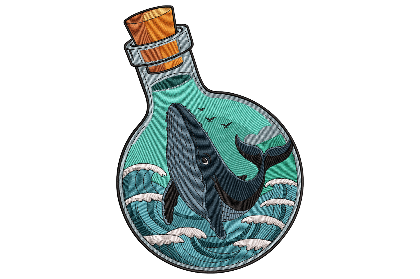 Humpback whale breaching inside a round potion bottle with orange cork, teal ocean waves and tiny black birds in the sky.
