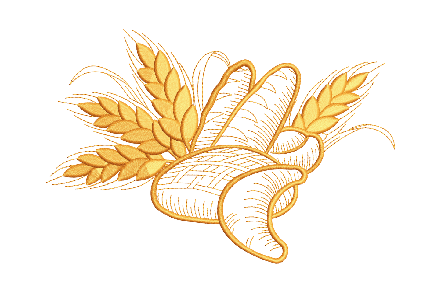 Machine embroidery design of a sketchy croissant with wheat stalks in warm orange single-color thread