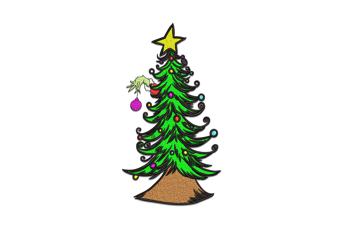 Whimsical Christmas tree embroidery, curly spiral branch tips, gold star topper, colorful xmas baubles, storybook creature left side