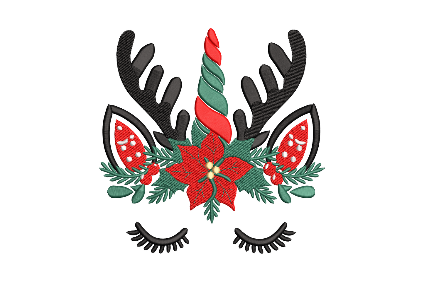 Unicorn face with black reindeer antlers, candy cane striped horn, long eyelashes and red poinsettia pine branch collar, whimsical christmas embroidery in 5 colours