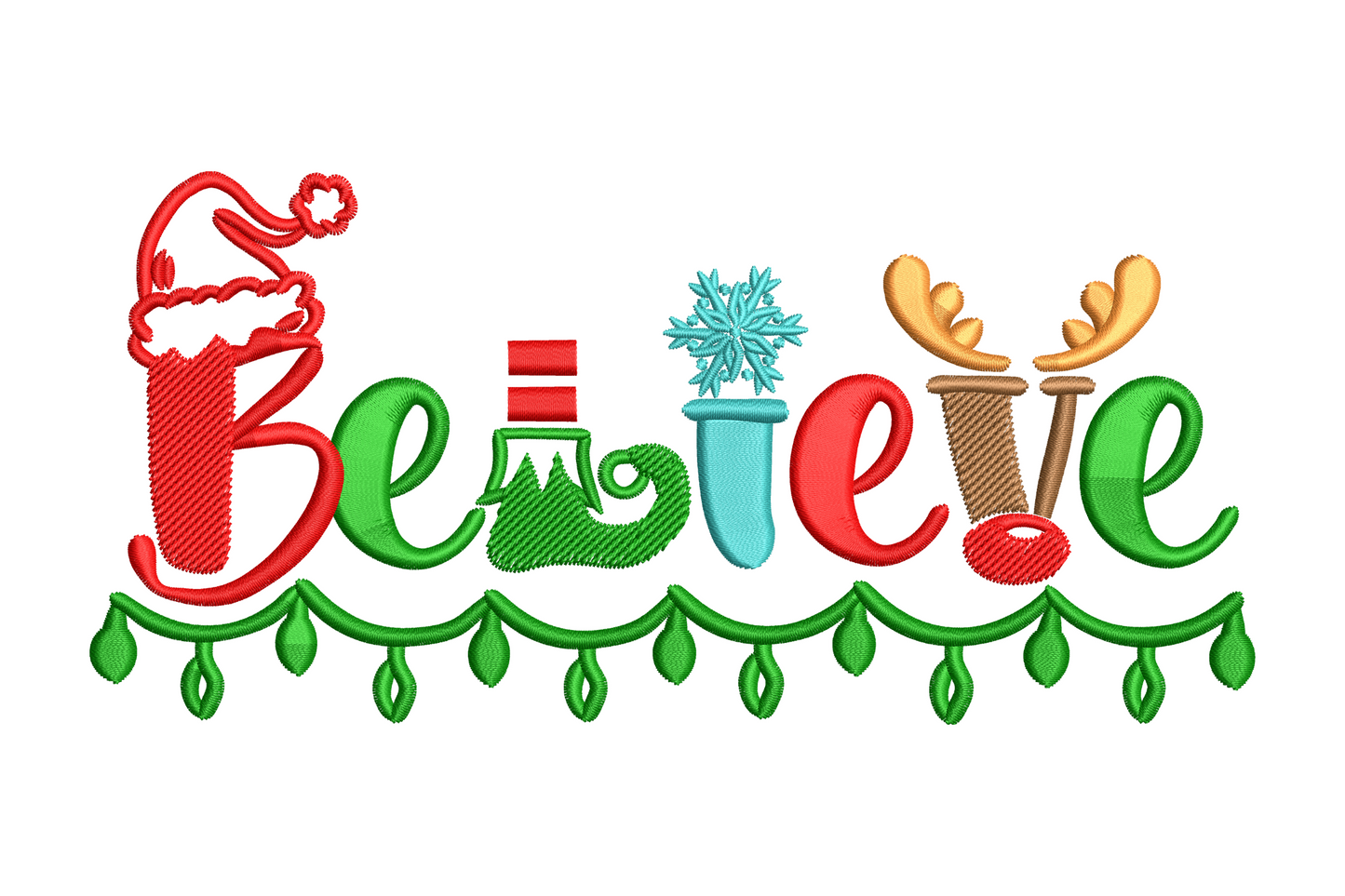 Whimsical christmas Believe word art embroidery with Santa hat B letter, elf boot, snowflake, reindeer antlers and string light garland below