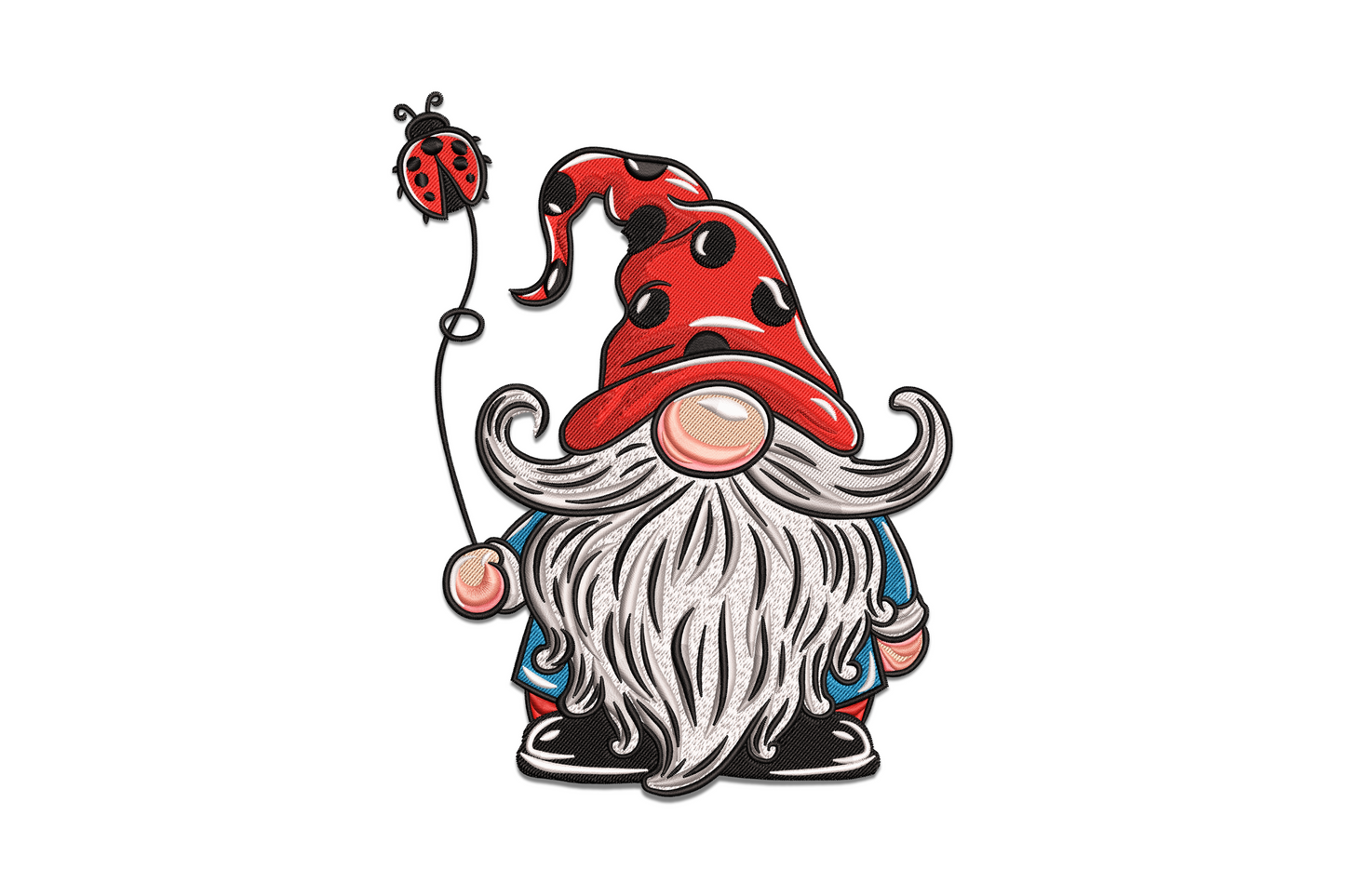 Whimsical gnome with red ladybug embroidery design in 10 colours, storybook style with satin hat and bug details, 5 sizes from 3.51 to 7.51 inches wide