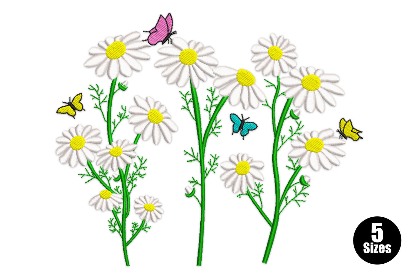 White daisy cluster embroidery design with pink, yellow and teal butterflies on green stems, spring garden style, 5 sizes