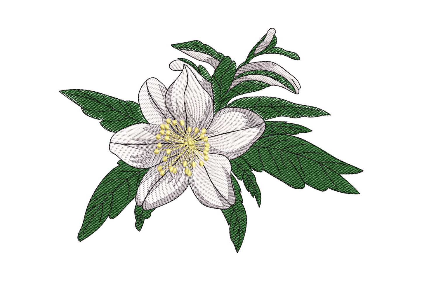 White floral embroidery design with layered petals, pale blush centre and sage green leaf accents in a clean botanical cluster
