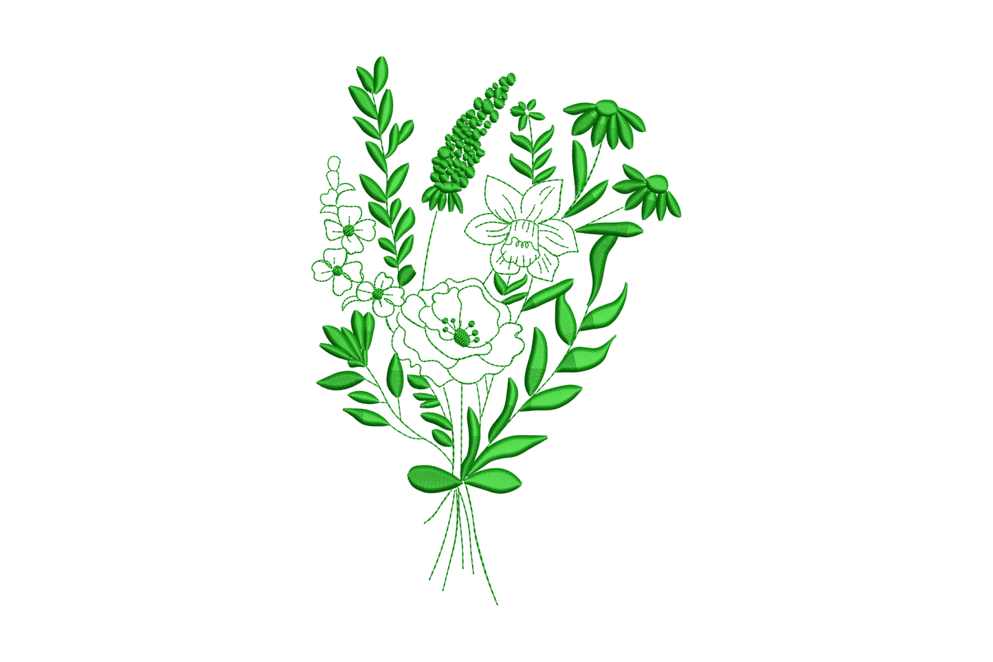Wild green botanical floral bouquet embroidery design with lavender spikes, poppy outlines, and fern leaves, 5 sizes 7104 to 13532 stitches
