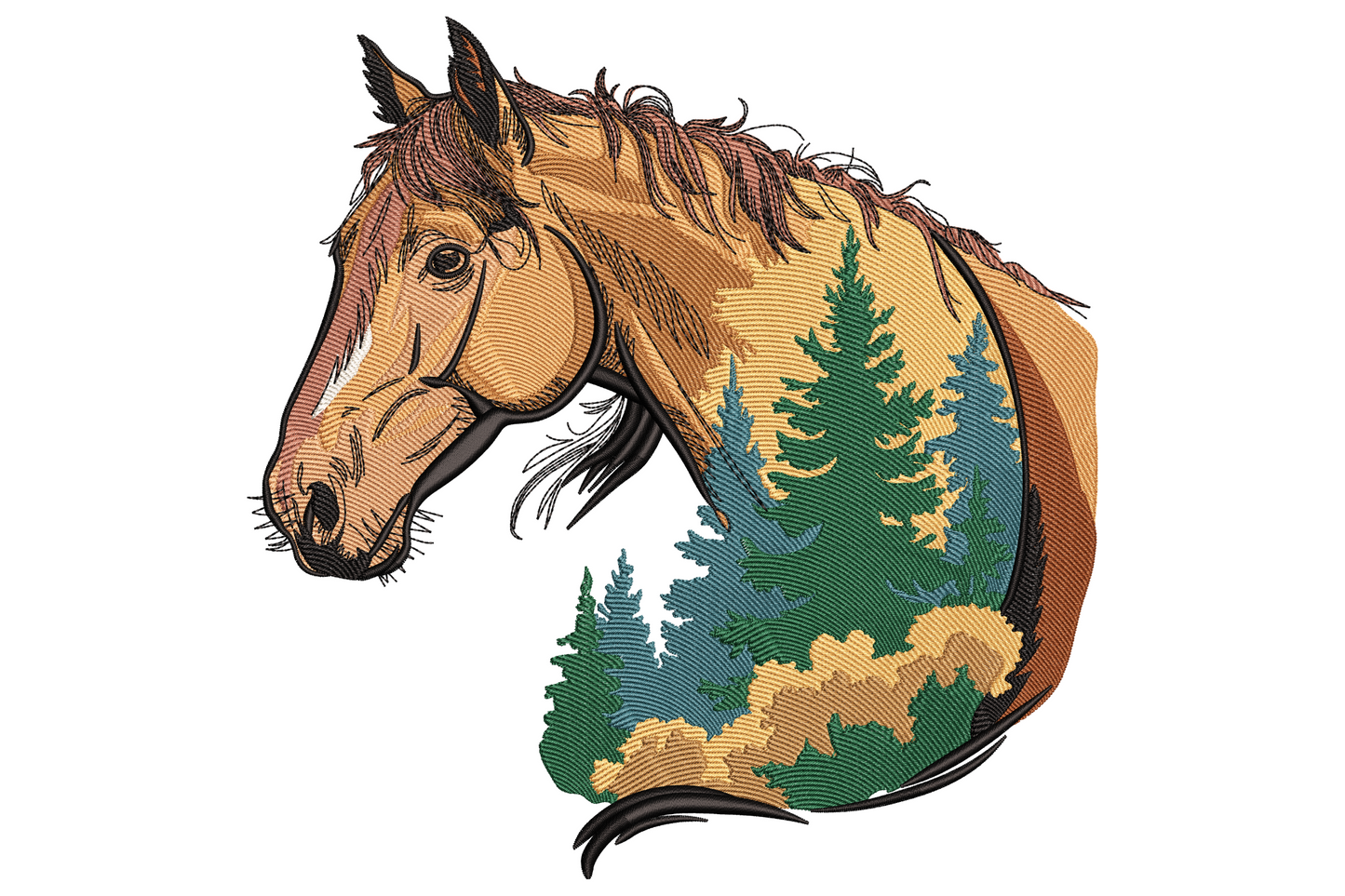 Wild horse head embroidery in chestnut tones with a layered pine forest scene filling the neck and chest area in double-exposure style.