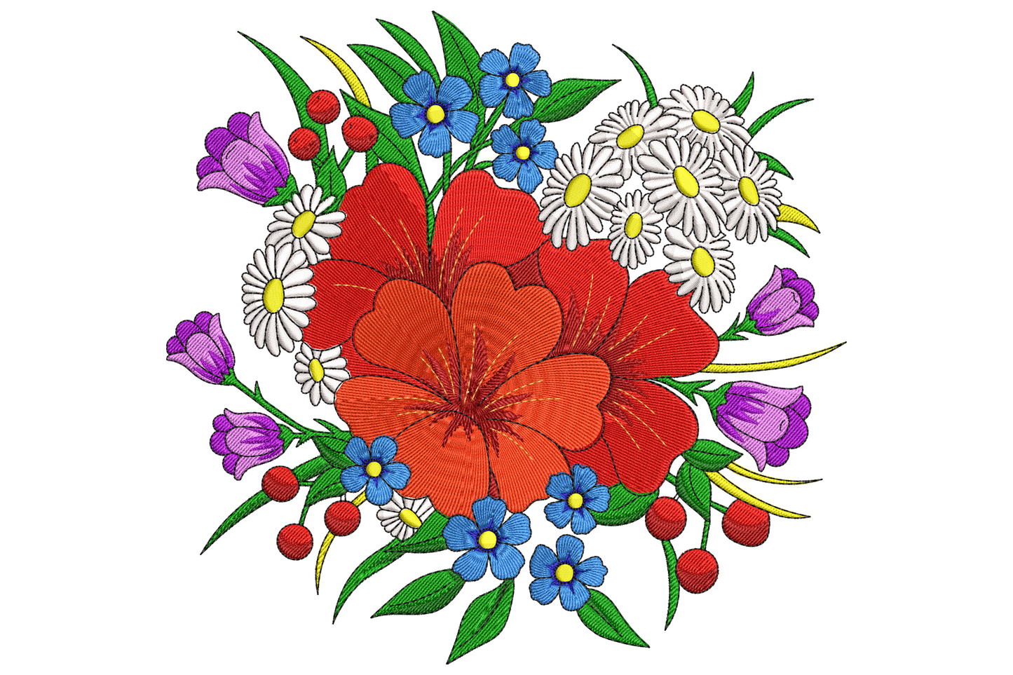 Wild mixed floral bouquet embroidery with red hibiscus, white daisies, purple tulips, blue forget-me-nots and red berries.
