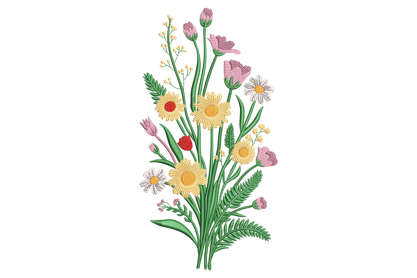 Wildflower bouquet machine embroidery design showing a loosely tied bunch of daisies, buds, and stems in yellow, pink, and green on white background.