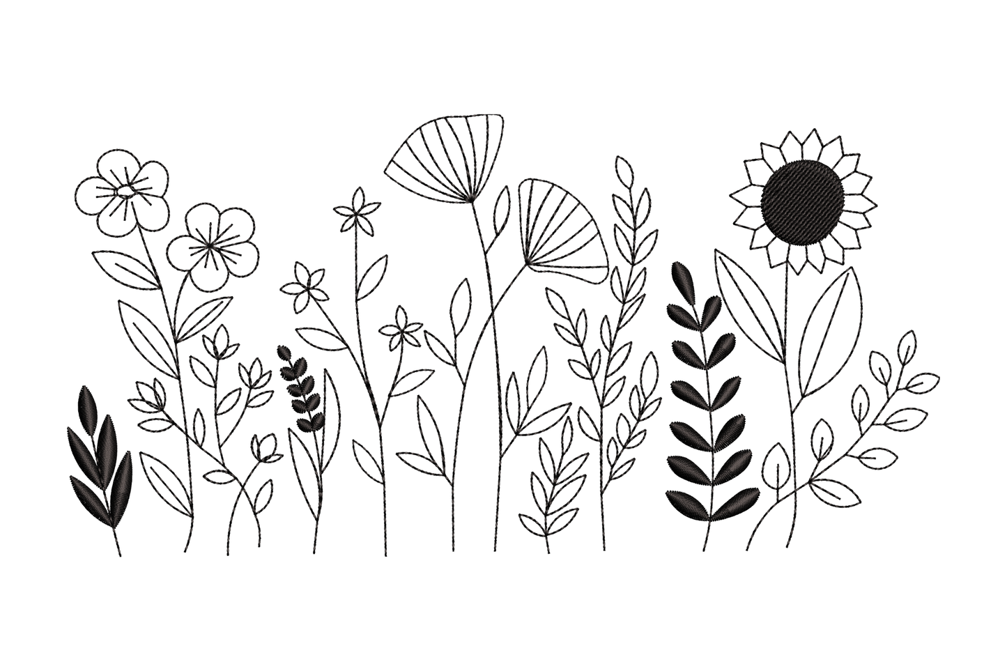 Wildflower field line art embroidery design with sunflower, dandelion puffs, poppy and leaf grasses in single colour outline