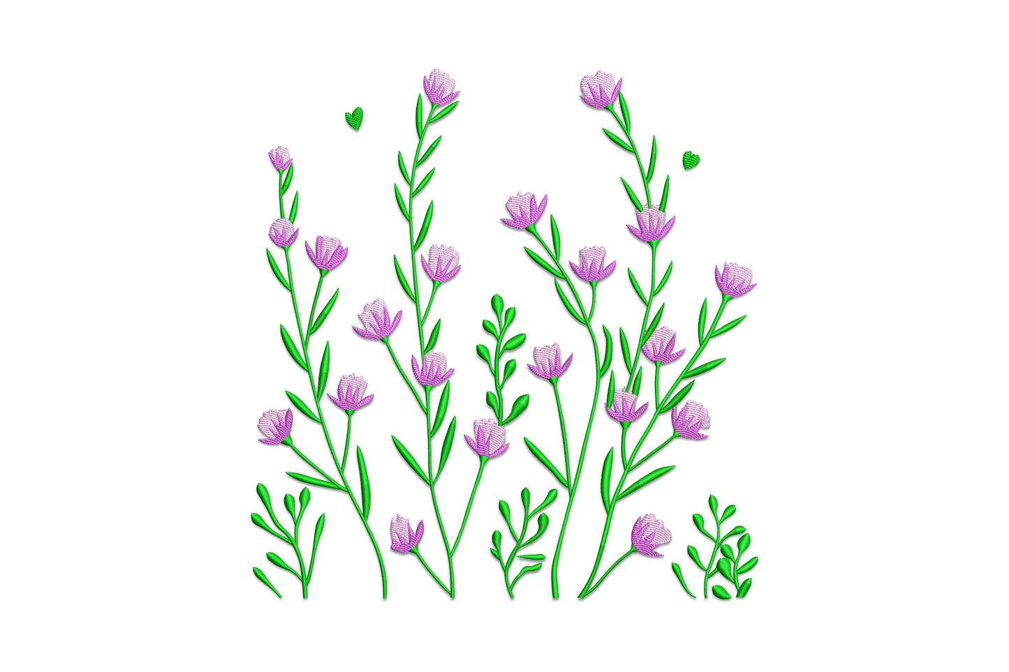 Wildflower floral embroidery design with loose gathered meadow blooms in dusty rose and sage green, natural botanical machine embroidery