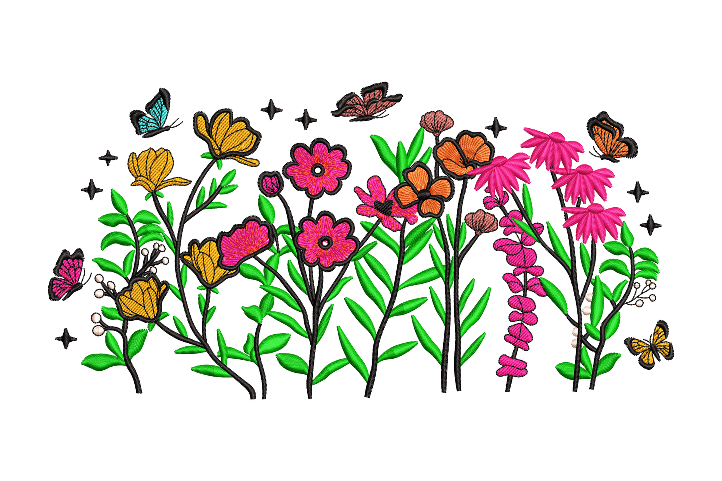 Tall wildflower garden embroidery with mixed blooms, botanical stems and a single butterfly resting among the flowers.