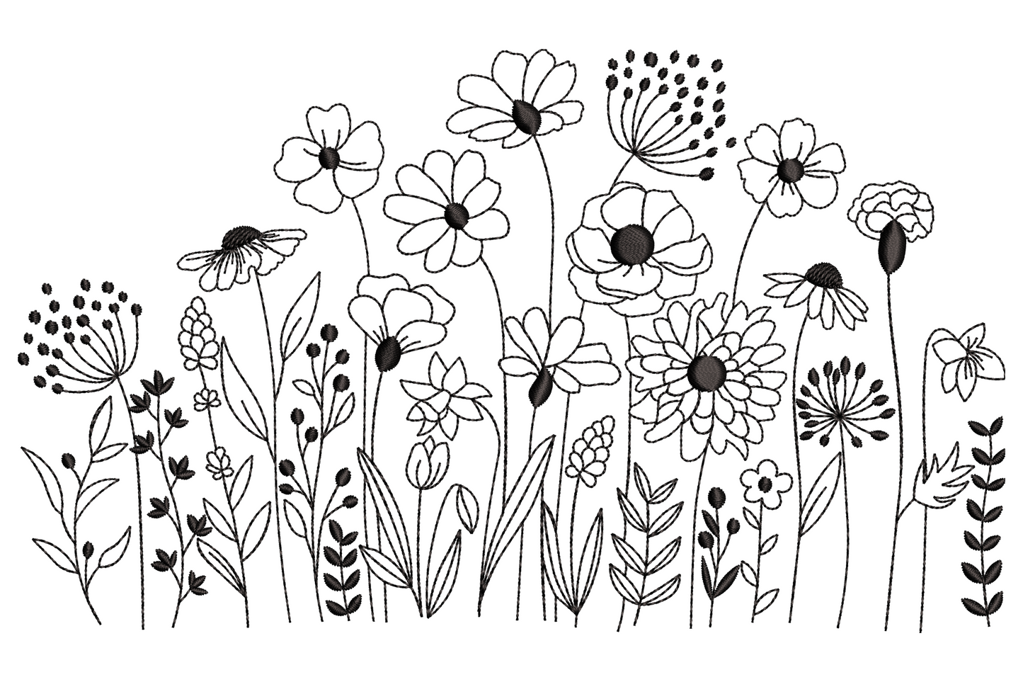 Wildflower garden outline embroidery design with black run-stitch daisies, poppies, alliums, lavender and grasses in a wide meadow border.