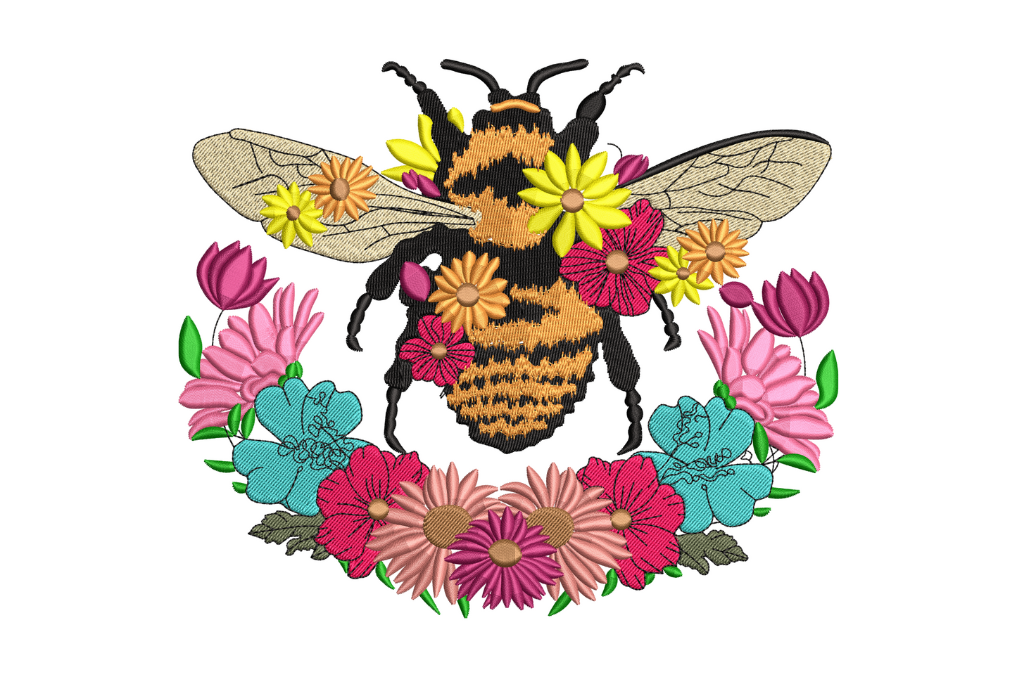 Wildflower honey bee embroidery, 12 colours, bee surrounded by daisies and lavender-style stems, 5 sizes up to 6.37 inches.