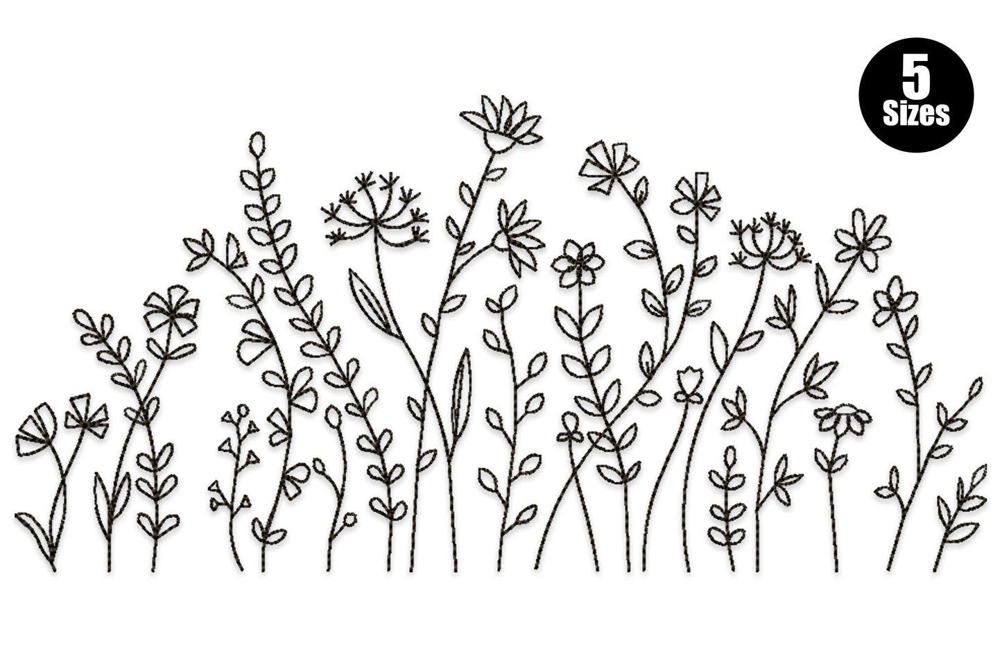 Wildflower line art border embroidery design, single colour botanical outline border with stems and blooms, minimal floral pattern