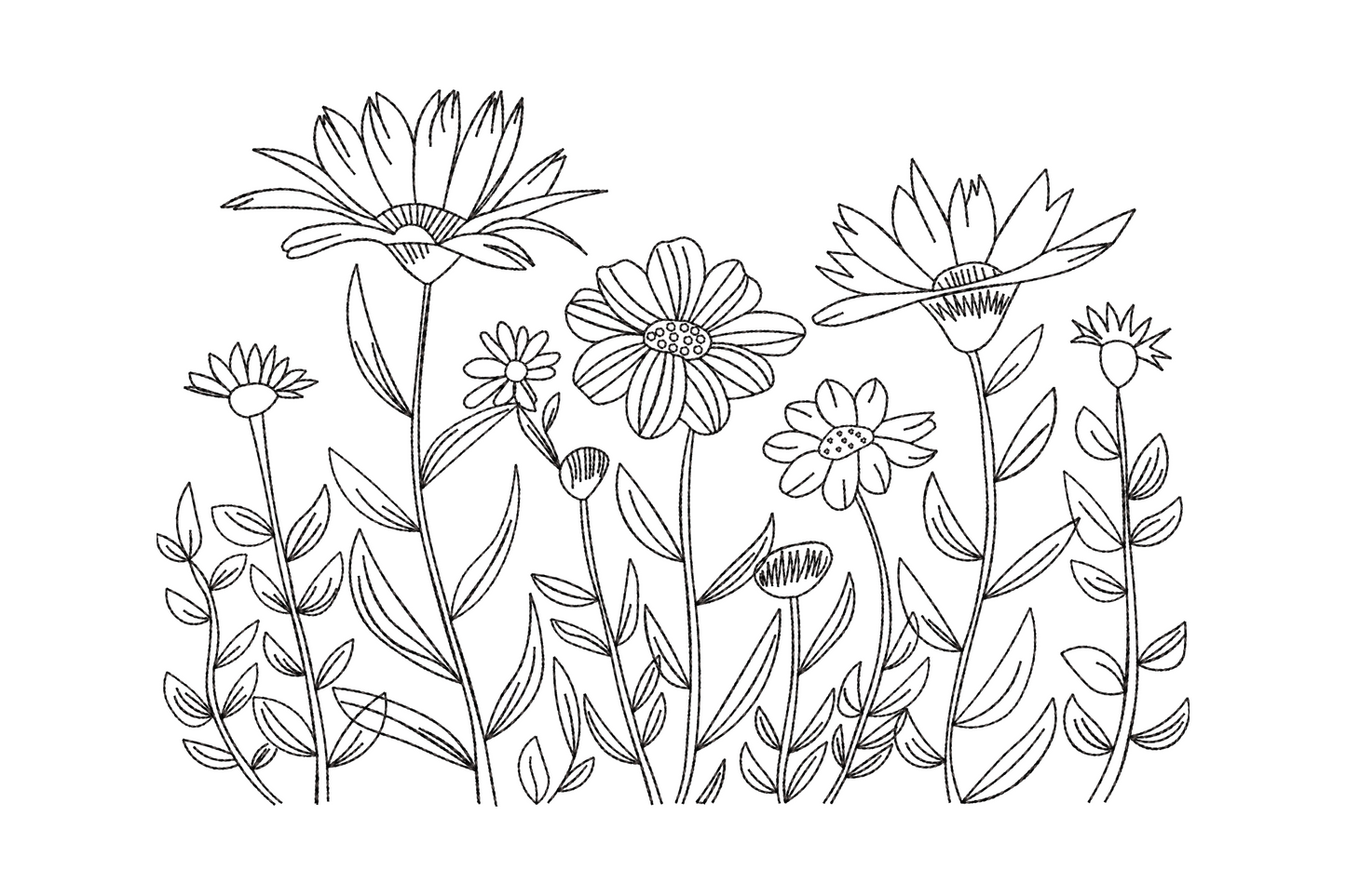 Wildflower line art embroidery, loose botanical cluster in single colour outline style, no fill, minimal floral sketch