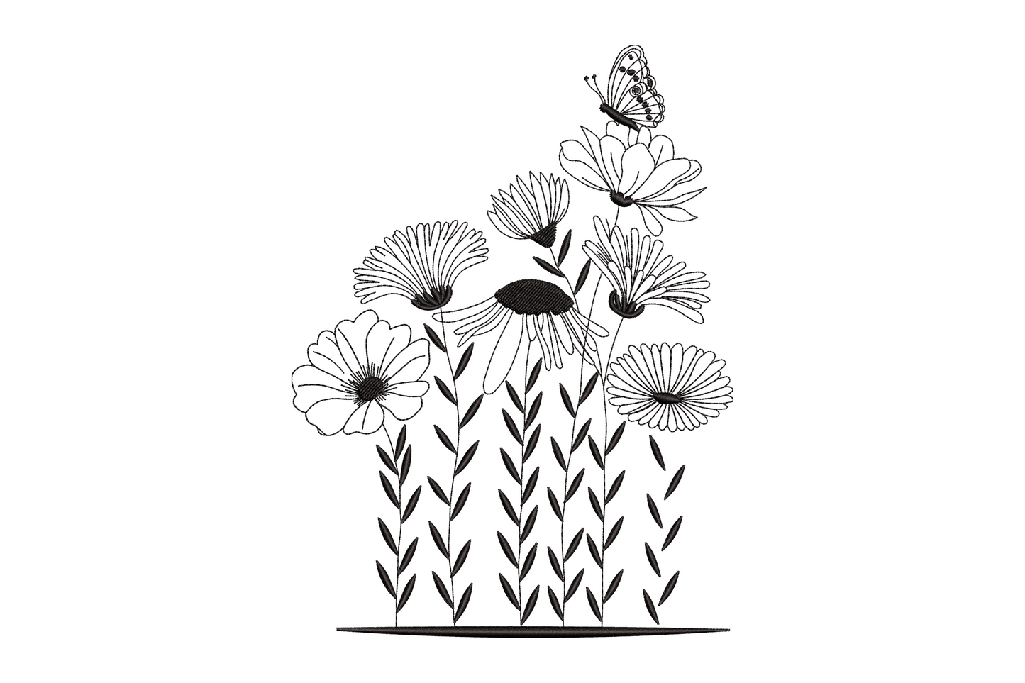 Wildflower line art embroidery, daisy, echinacea and cosmos blooms with a perched butterfly, single black thread, 9 sizes.