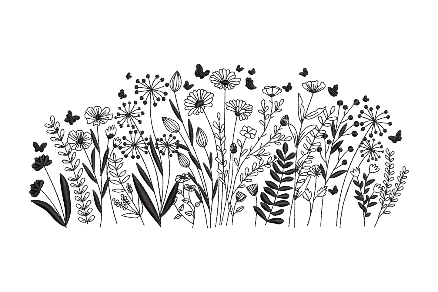 Wildflower meadow border embroidery design, daisies, alliums and butterflies in arch shape, 3 sizes 6.5 to 8.5 inches tall