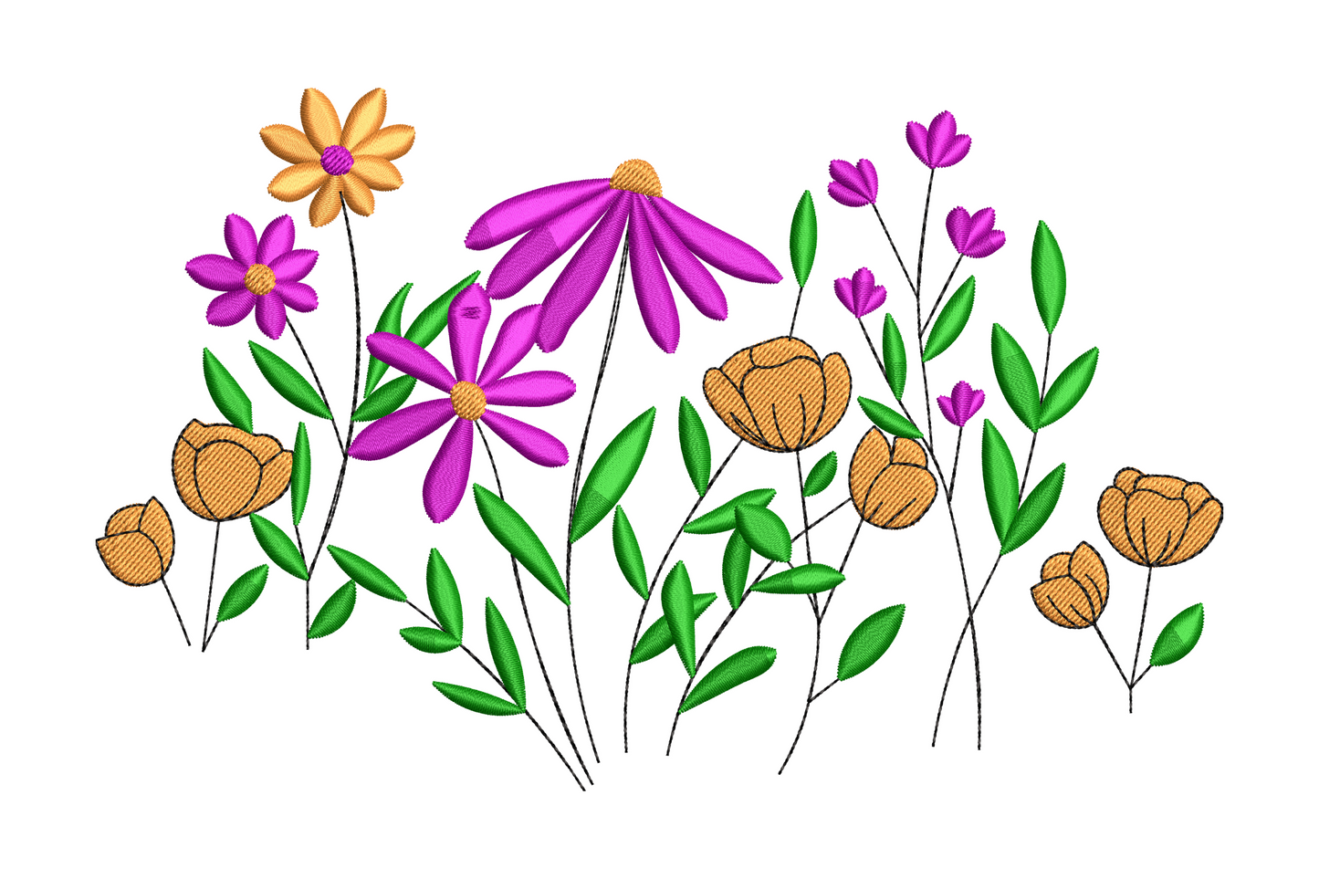 Wildflower border strip with upright stems and daisy blooms, four-colour botanical machine embroidery on linen fabric