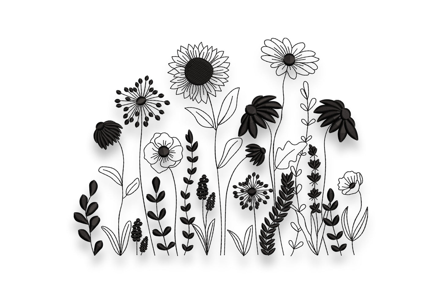 Wildflower meadow embroidery design showing a loose botanical cluster of varied flowers and leaf stems in single-colour directional satin fill at density 455 on linen fabric