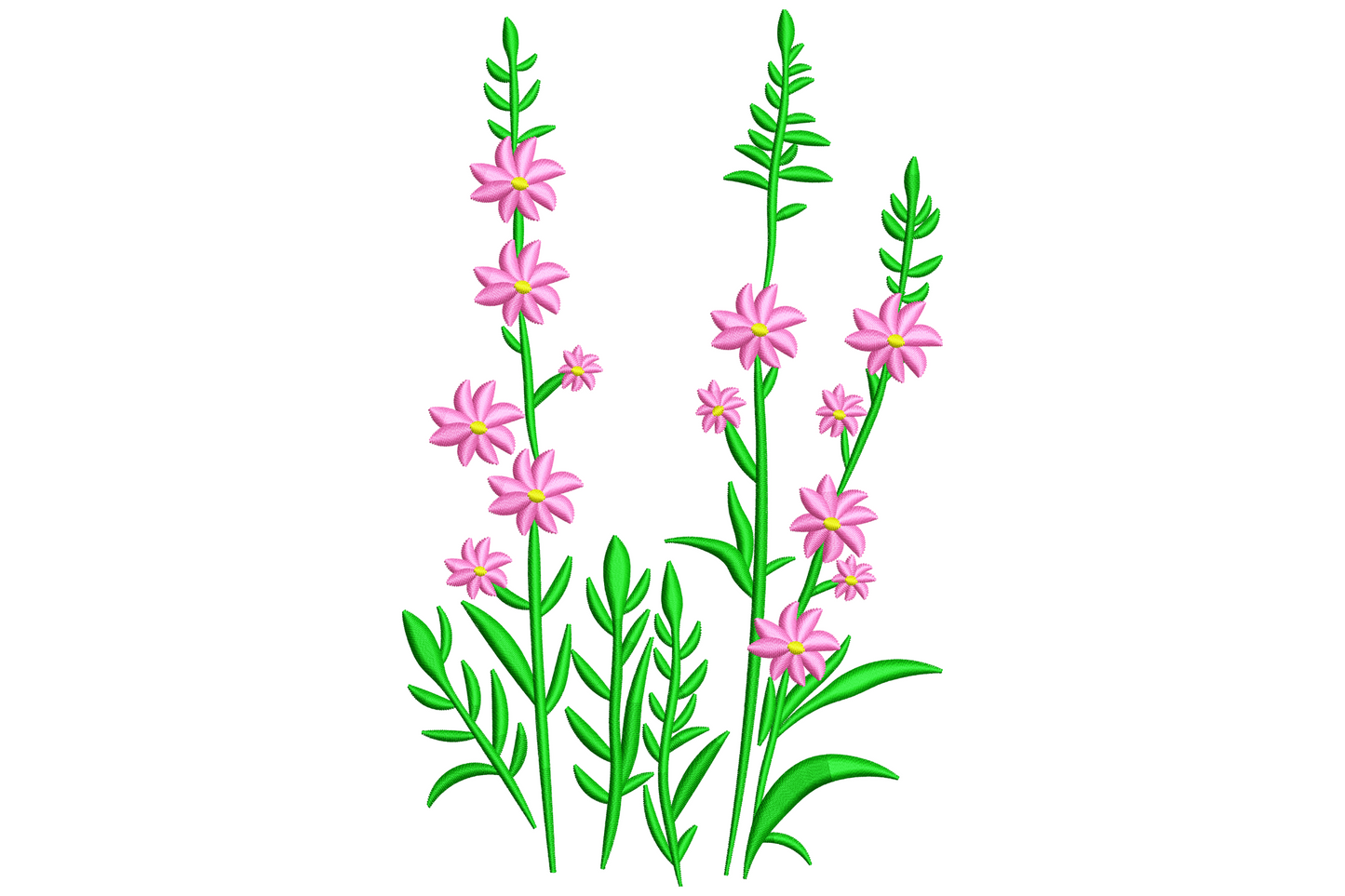 Wildflower stems embroidery with tall green stems carrying small pink star flowers and a grass blade base.
