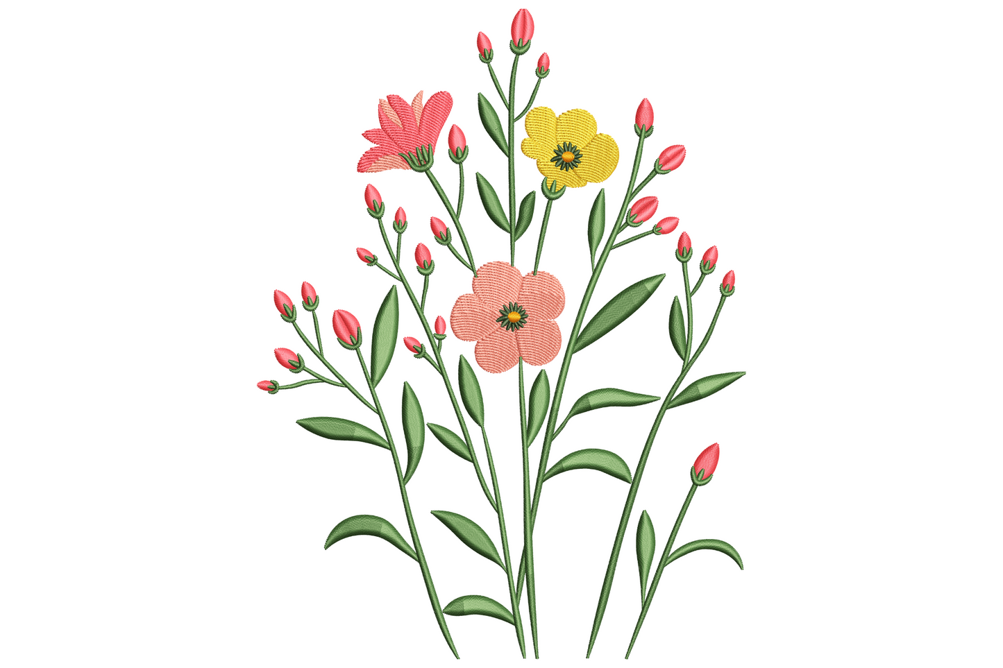 Wildflower garden bouquet embroidery with coral, salmon and yellow blooms, reddish buds and dark green stems on a cream ground.