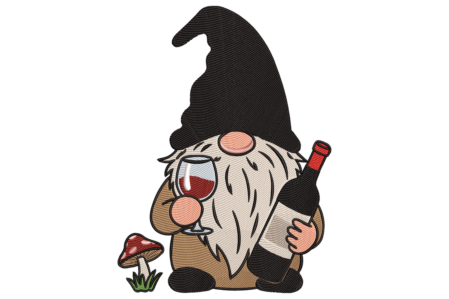 Chubby gnome in tall grey pointy hat holding a glass of red wine and a corked bottle next to a pink mushroom