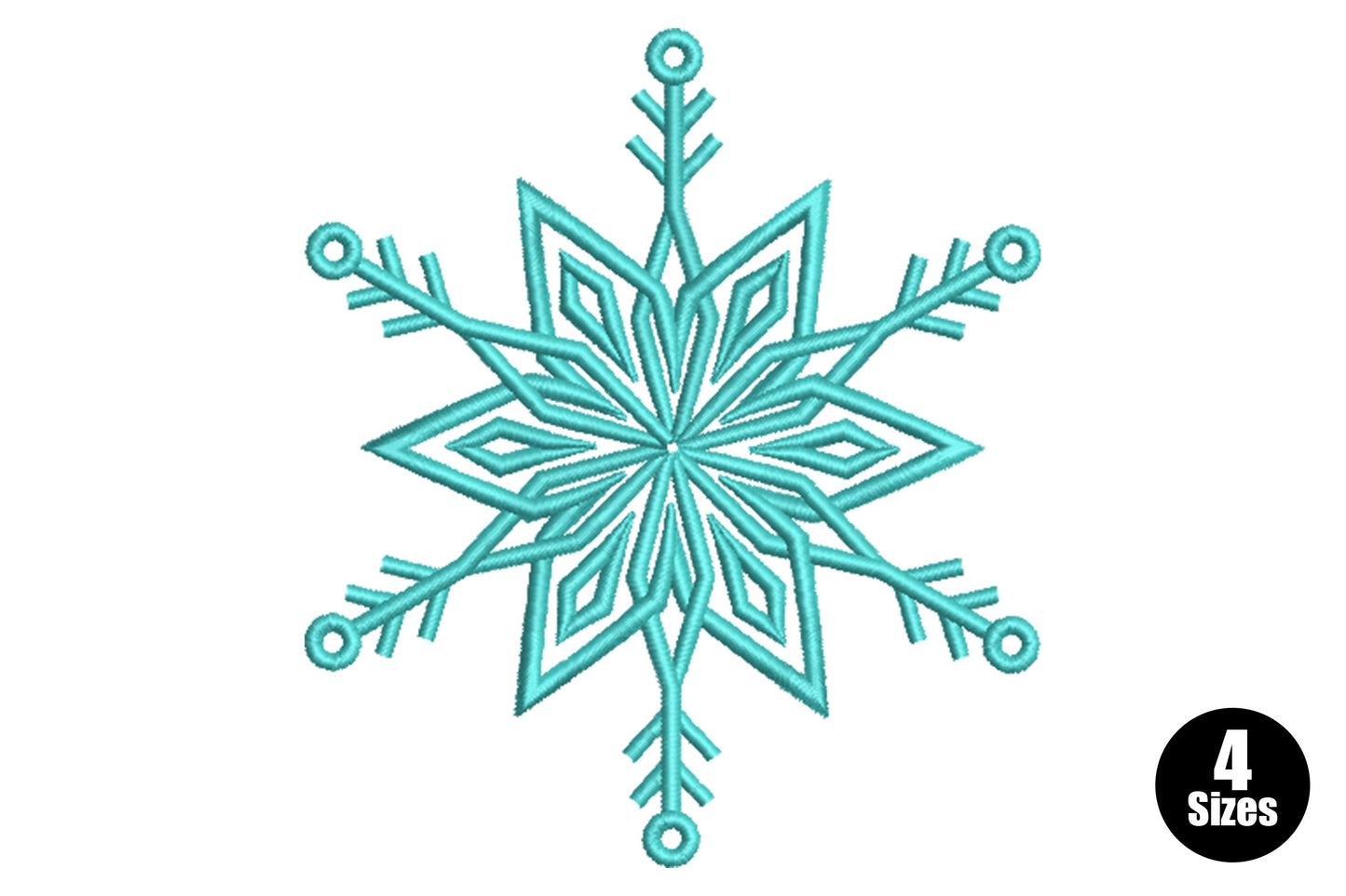 Winter crystal snowflake embroidery design in aqua thread, six geometric arms with diamond fills and bead tips