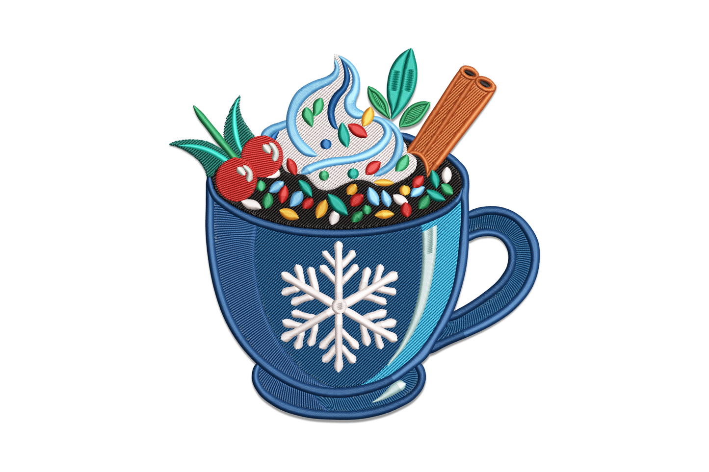 Winter hot cocoa mug embroidery, navy mug with snowflake topped with cream holly berries and mini light bulbs, 16 colours